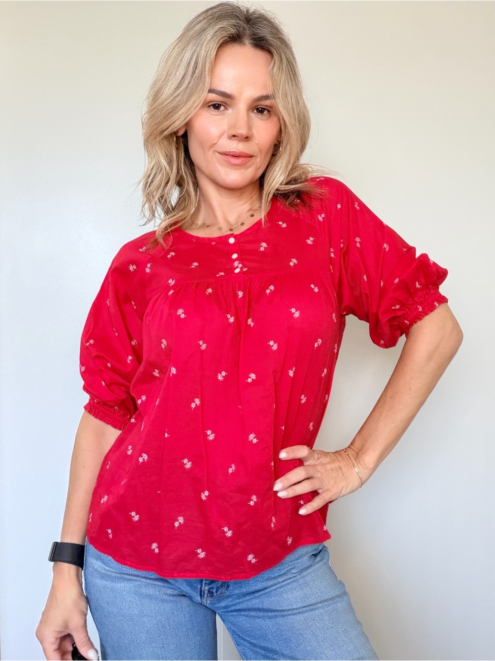Madewell Red Floral Peasant Blouse